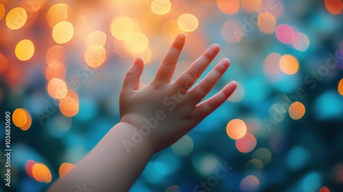 Gentle Hand Reaching for Colorful Lights