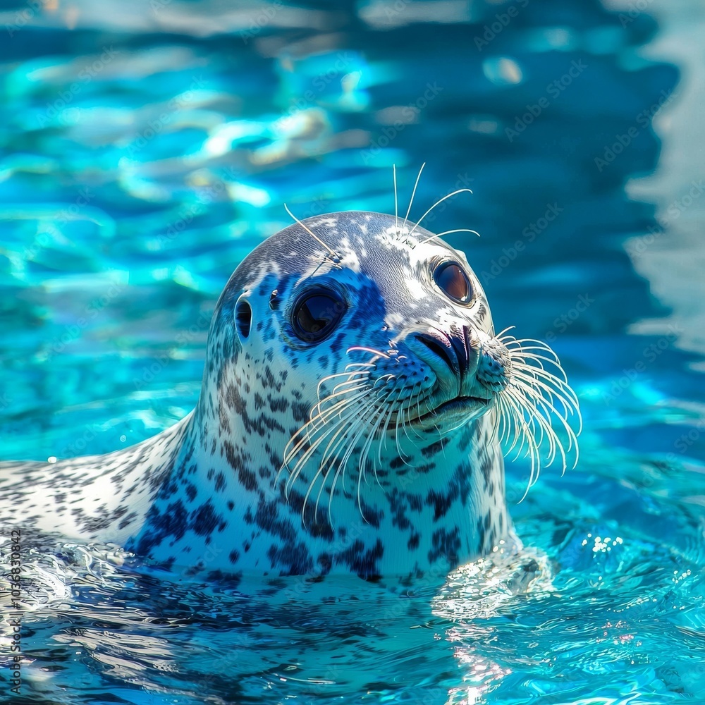 Fototapeta premium Close-up of a spotted seal swimming gracefully in vibrant turquoise water.