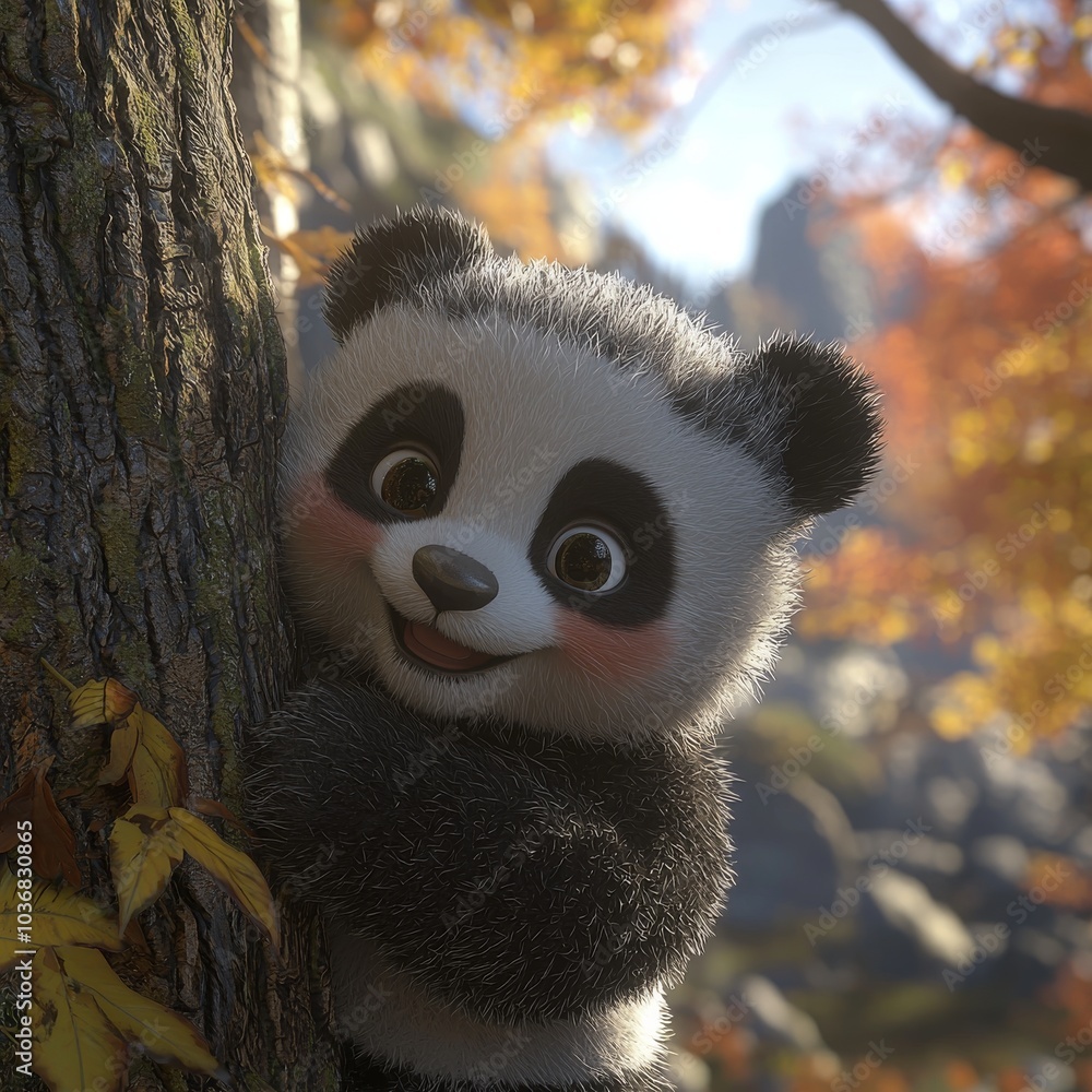 Fototapeta premium A cute cartoon panda cub with big expressive eyes, playfully hugging a tree in a vibrant autumn forest.