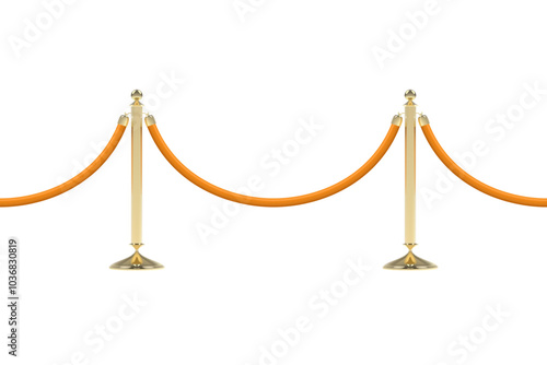 Barriers with orange rope, seamless line. Realistic image of golden stanchion poles, velvet rope. PNG isolated on transparent background and vector illustration