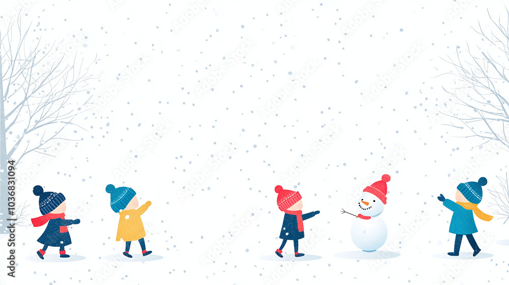 winter scene of kids playing outside in the snow. winter scene of kids playing outside in the snow.