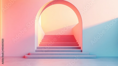 Trendy 3D geometric style interior featuring a sleek arch and stairs  set against a gradient pastel background for a minimalistic look