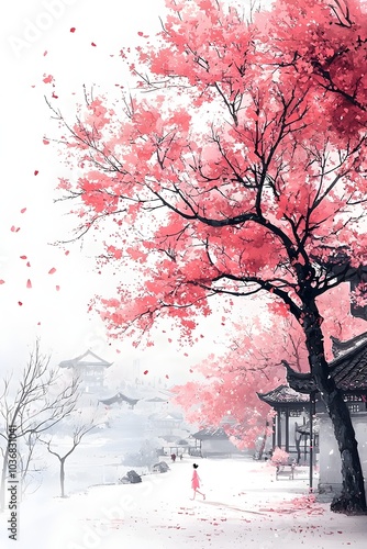 A serene scene featuring a woman in a pink dress walking beneath blooming cherry blossom trees in a traditional Asian setting, creating a tranquil atmosphere.