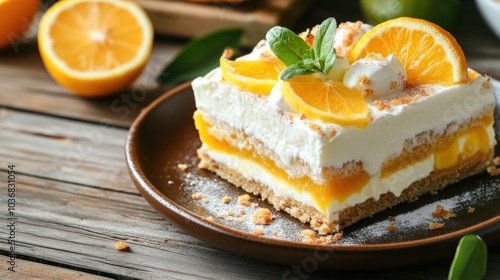 A delicious layered orange dessert garnished with fresh fruit on a wooden table.