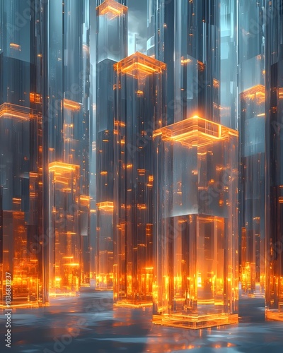 A futuristic digital cityscape featuring towering, translucent skyscrapers illuminated by warm orange light, creating a vibrant, high-tech atmosphere. photo