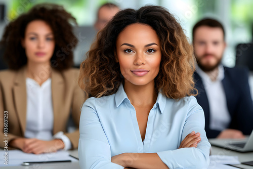 Confident mixed race businesswoman with curly hair in white blouse leading a brainstorming session with colleagues in a boardroom. Business, leadership, startup concept.