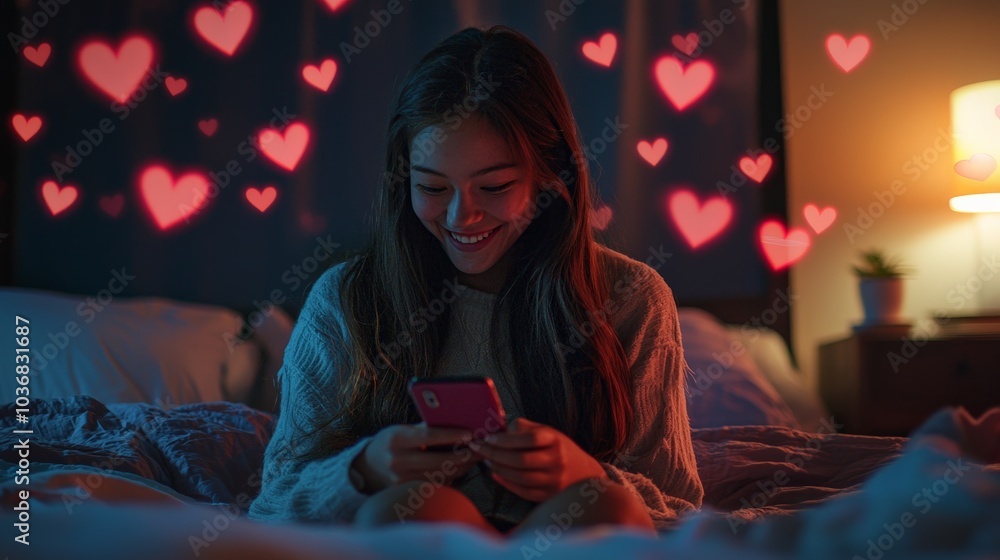 A teenage girl sitting on her bed, smiling brightly as she looks at her phone, with glowing heart icons floating around her, creating a cheerful and playful atmosphere. A teenage girl sitting on her bed, smiling brightly as she looks at her phone, with glowing heart icons floating around her, creating a cheerful and playful atmosphere.