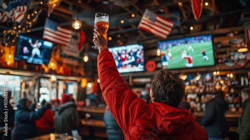 A soccer enthusiast raising a glass of beer in celebration at a lively pub during a Super Bowl event, photo