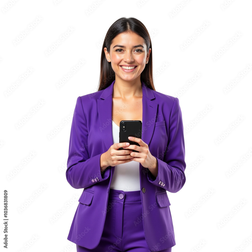 Smiling Businesswoman in Purple Suit Holding Smartphone. Smiling Businesswoman in Purple Suit Holding Smartphone.