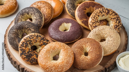 Assorted freshly baked healthy bagels displayed on a wooden board