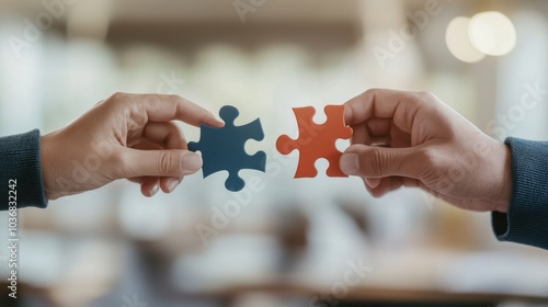 Two hands coming together to connect colorful puzzle pieces in a bright, modern workspace during a creative collaboration session.