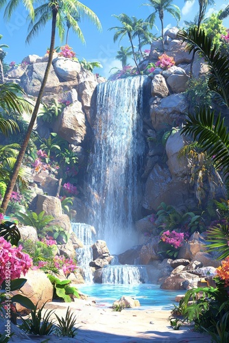 A serene tropical waterfall cascading into a crystal-clear pool, surrounded by vibrant flowers and lush greenery. photo