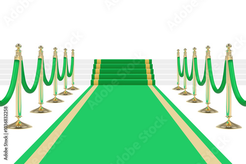 Green carpet with stairs, podium, red ropes and golden stanchions. PNG isolated on transparent background and vector illustration