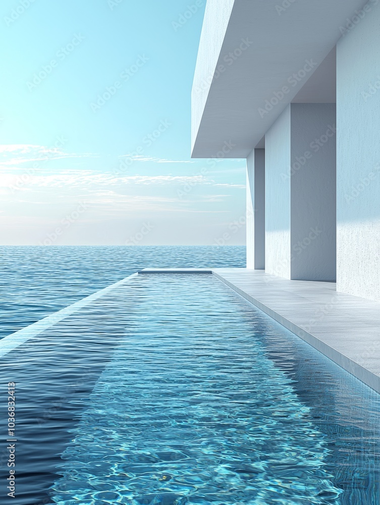 Fototapeta premium A serene modern infinity pool overlooking calm blue waters, reflecting a clear sky at a luxurious home.