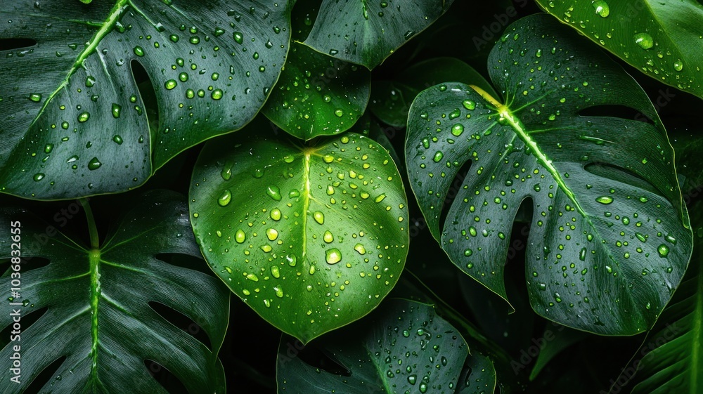 Lush green leaves with water droplets. Lush green leaves with water droplets.