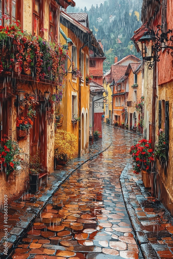 Fototapeta premium Charming European street scene during rain, featuring vibrant buildings and lush flower pots.