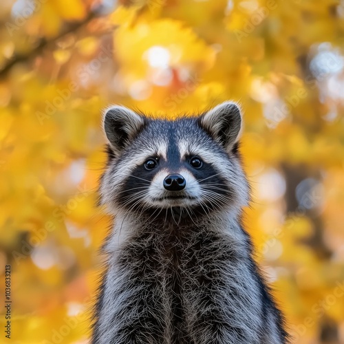 A portrait of a curious raccoon with bright eyes against a backdrop of vibrant autumn leaves.