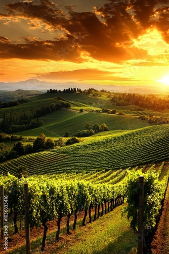 Wallpaper Mural A stunning sunset over lush green vineyards, showcasing rolling hills and vibrant colors. Torontodigital.ca