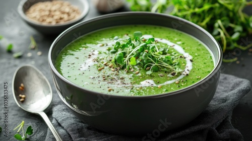 Freshly cooked broccoli soup served in a bowl, accompanied by a spoon photo