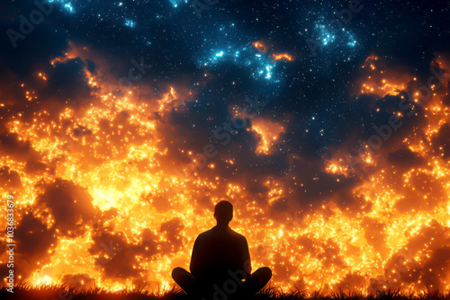 Silhouette of a person meditating against a cosmic, fiery backdrop.