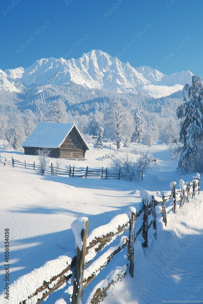 Scenic winter landscape featuring a rustic wooden cabin surrounded by snow-covered mountains under a clear blue sky. Scenic winter landscape featuring a rustic wooden cabin surrounded by snow-covered mountains under a clear blue sky.