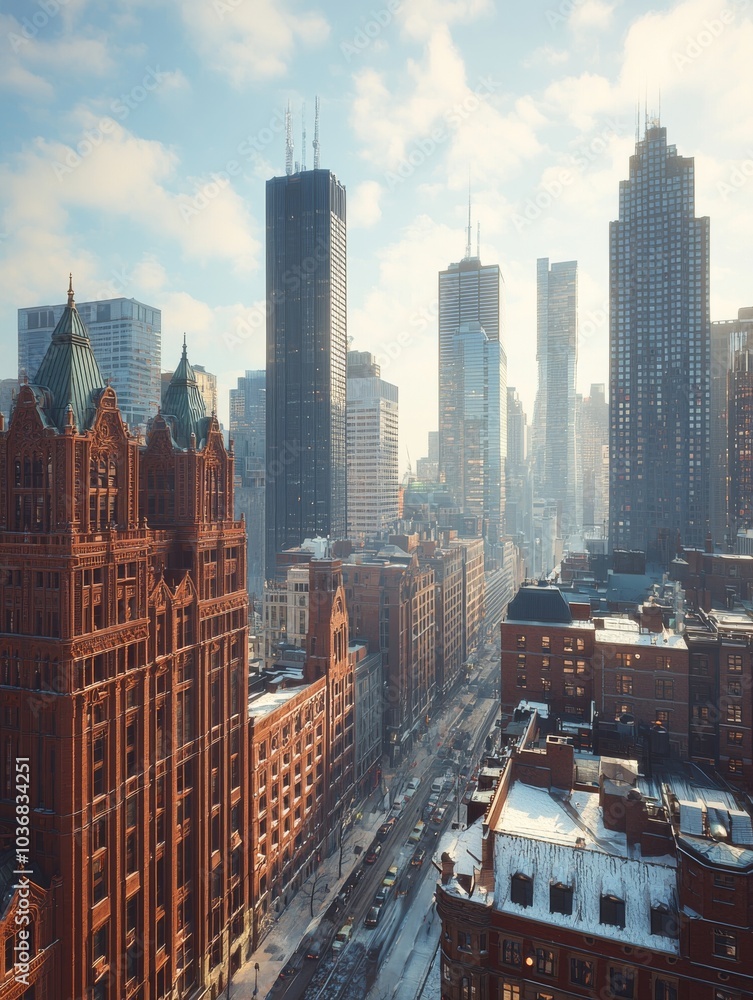 Obraz premium A breathtaking view of a modern city skyline with a blend of historic and contemporary architecture on a sunny winter day.