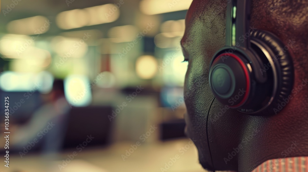 Male call center agent with a headset managing calls alone at his desk in an office environment while a businessman speaks on the phone nearby Male call center agent with a headset managing calls alone at his desk in an office environment while a businessman speaks on the phone nearby