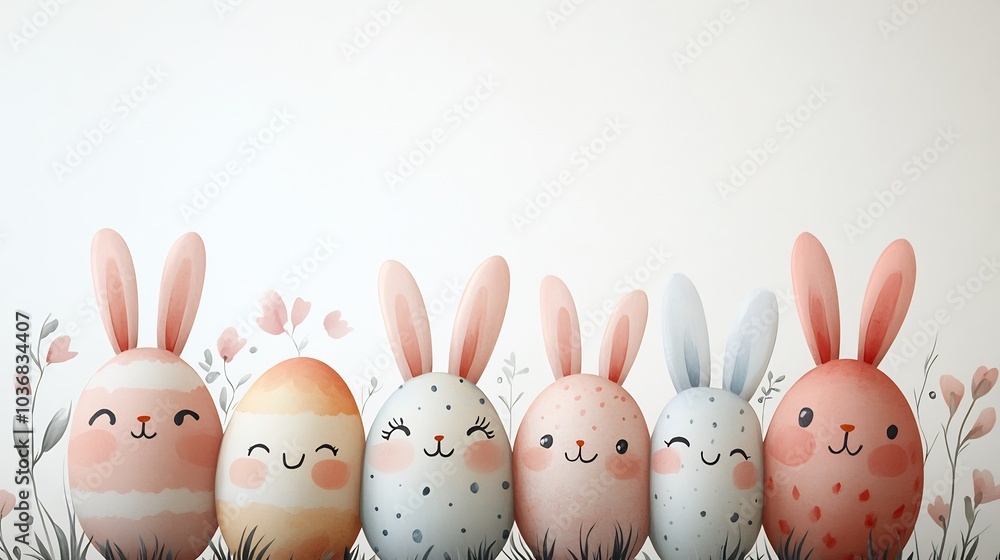 Cute bunnyfaced Easter eggs cheerful expressions set against a clean minimal white backdrop with ample space above for an Easter greeting or festive text Cute bunnyfaced Easter eggs cheerful expressions set against a clean minimal white backdrop with ample space above for an Easter greeting or festive text