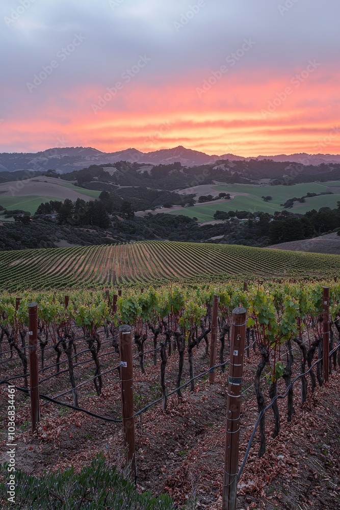 Fototapeta premium A serene view of a vineyard at sunset, with rich colors illuminating the sky and lush green hills in the background.