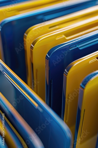 A close-up view of yellow and blue plastic storage cases, suitable for use in office or home organization photo