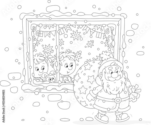 Funny little girl and boy watching furtively through a window of their decorated nursery room at Santa Claus going with his magical bag of Christmas gifts, black and white vector cartoon illustration