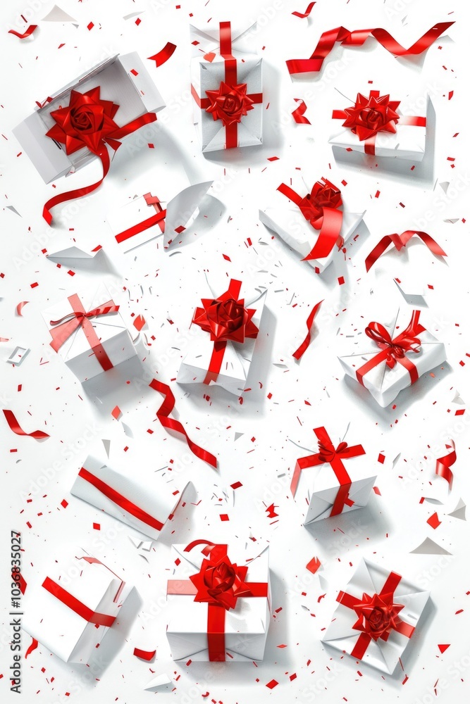 Colorful gift boxes wrapped in red ribbons and bows, suitable for various occasions and celebrations Colorful gift boxes wrapped in red ribbons and bows, suitable for various occasions and celebrations