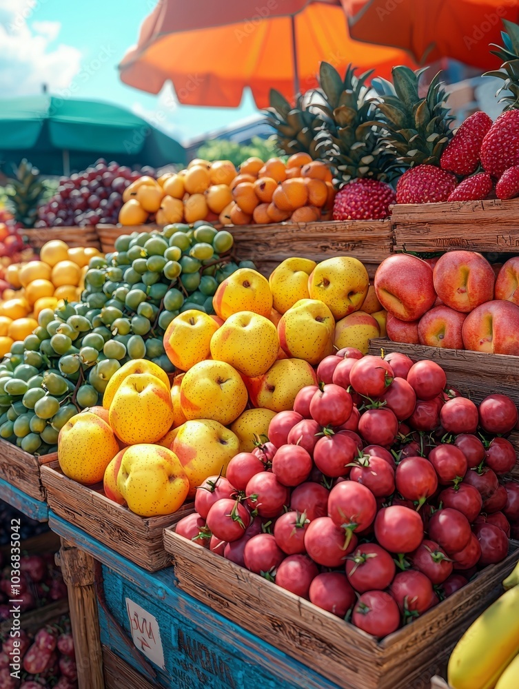 A vibrant display of fresh fruits at a market, featuring colorful apples, pears, and berries under bright umbrellas. A vibrant display of fresh fruits at a market, featuring colorful apples, pears, and berries under bright umbrellas.