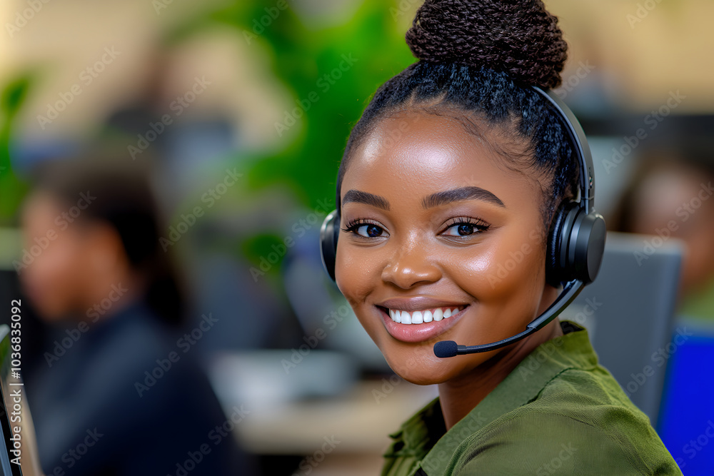 Smiling African woman call center agent with bun hairstyle in olive green shirt, using a headset while working on her laptop. Copy space. Smiling African woman call center agent with bun hairstyle in olive green shirt, using a headset while working on her laptop. Copy space.