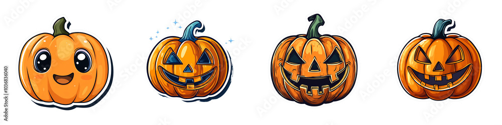Cute and spooky Halloween pumpkins with various expressions, perfect for festive decorations and celebrations. These vibrant illustrations capture spirit of Halloween! Cute and spooky Halloween pumpkins with various expressions, perfect for festive decorations and celebrations. These vibrant illustrations capture spirit of Halloween!