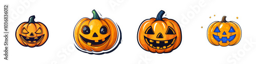 Cute and colorful Halloween pumpkins with various expressions, perfect for festive decorations and designs. These cheerful characters bring playful spirit to holiday! photo