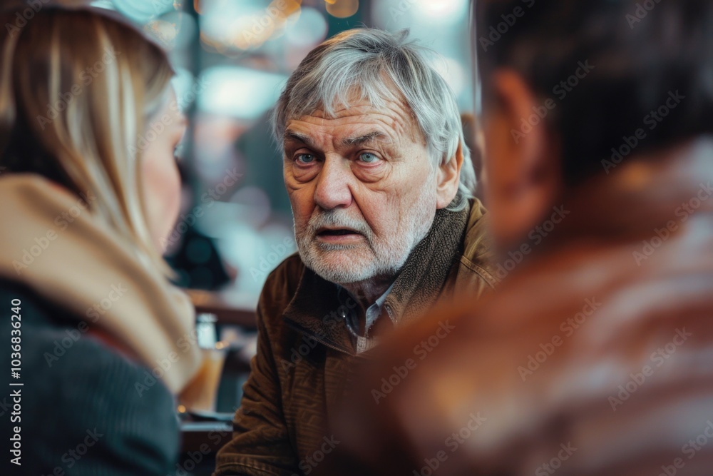 A man sits at a table having a conversation with a woman A man sits at a table having a conversation with a woman