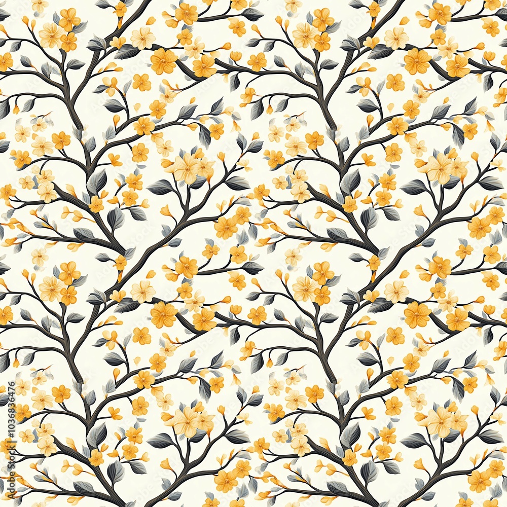 Whimsical leaves and blooms intertwined with golden accents Whimsical leaves and blooms intertwined with golden accents