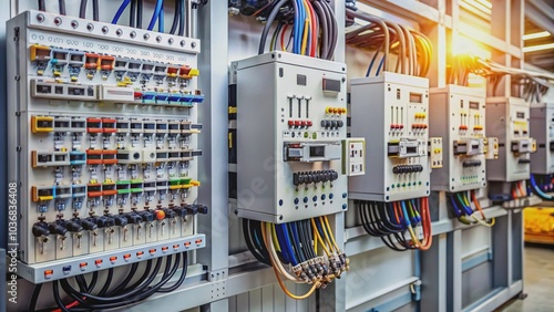 Modern voltage distributor with automatic switches and meters against a blurred electrical background with wires and circuit boards, highlighting efficient power management.