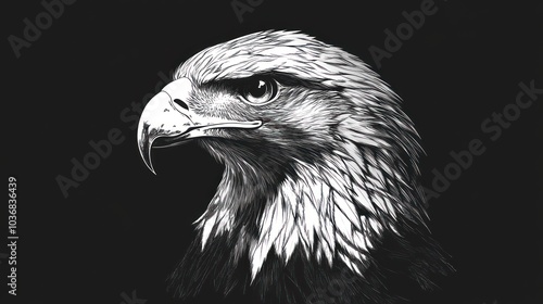 A detailed black and white illustration of an eagle's head, showcasing its fierce expression.