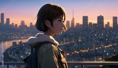 A Cute Lofi Girl standing against a cityscape at dusk, with glowing lights in the background. illustration lofi chill hip hop Relaxing music. Seamless Loop 4k Animation photo