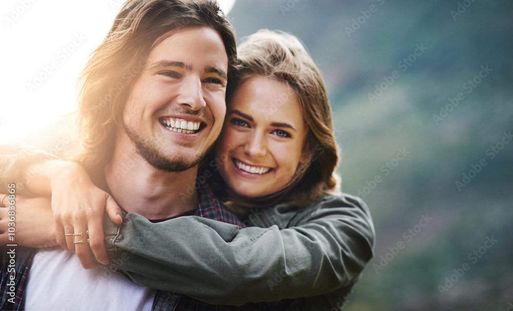 Couple, happy and portrait with hug in nature for outdoor adventure, romantic or weekend vacation. Man, woman and smile with love in sunshine for marriage connection, bonding or holiday trip together Couple, happy and portrait with hug in nature for outdoor adventure, romantic or weekend vacation. Man, woman and smile with love in sunshine for marriage connection, bonding or holiday trip together