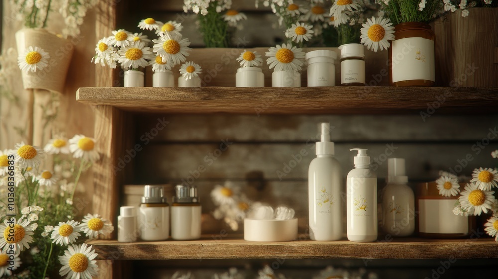 Fototapeta premium A wooden shelf filled with variously shaped bottles and colorful flowers