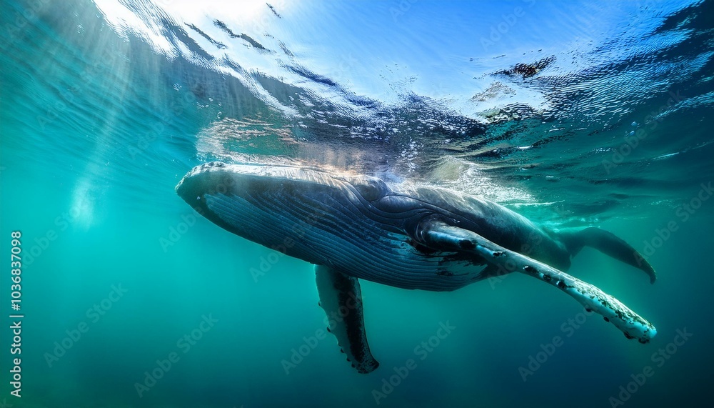 Blauwal taucht tief in das grünlich-schimmernde Wasser des Ozeans ein Blauwal taucht tief in das grünlich-schimmernde Wasser des Ozeans ein