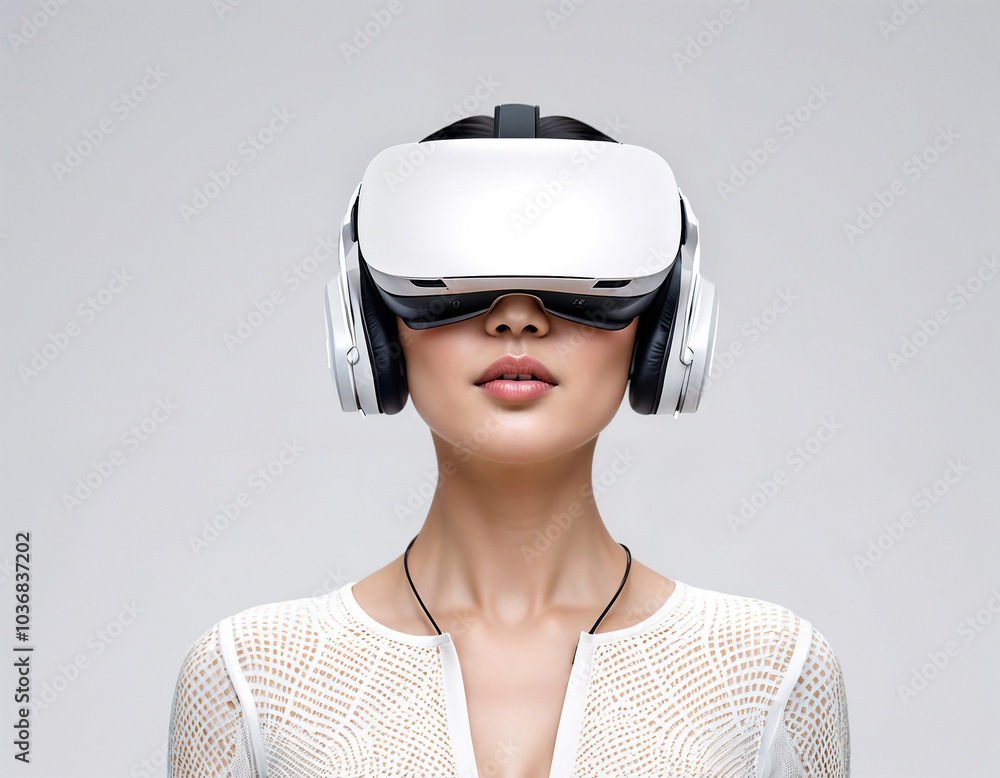 An attractive modern woman wearing a VR headset An attractive modern woman wearing a VR headset