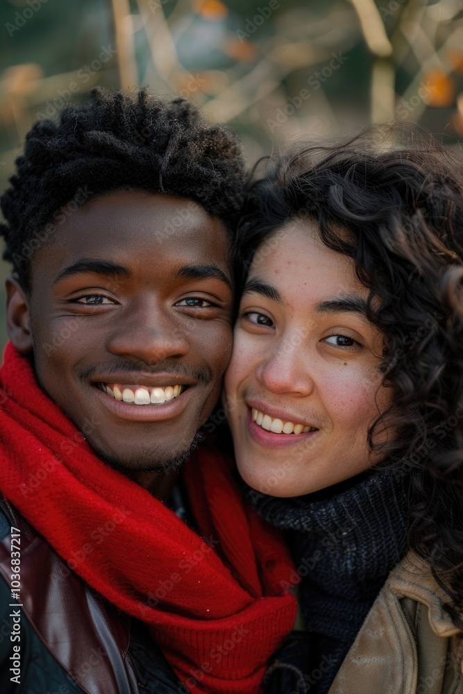 A pair of people standing together, looking directly at the camera A pair of people standing together, looking directly at the camera