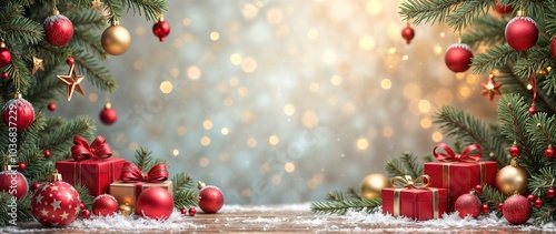 Christmas background with christmas baubles, gifts decoration - Xmas theme. Use for Christmas banner photo