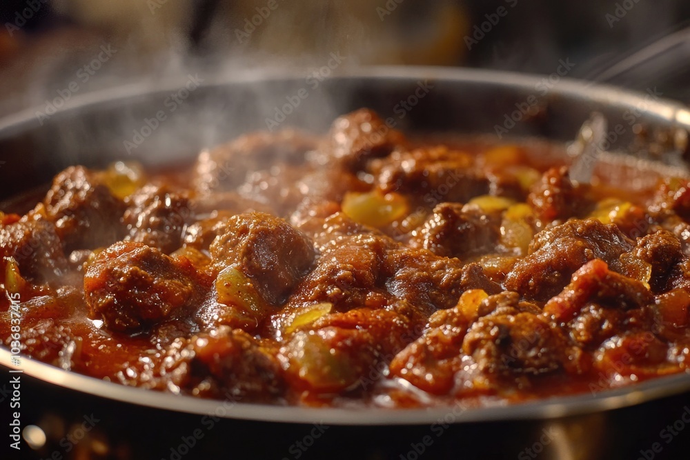 A pan filled with meat and vegetables cooking on a stove A pan filled with meat and vegetables cooking on a stove