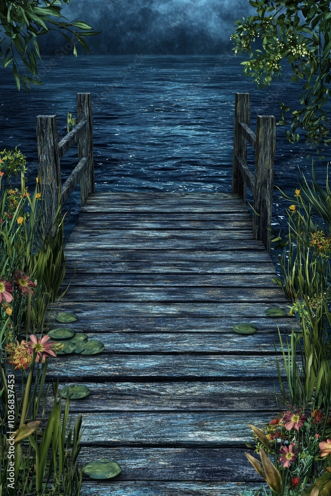 Fototapeta premium A serene wooden dock surrounded by lush greenery and vibrant flowers, leading into a calm, reflective lake.