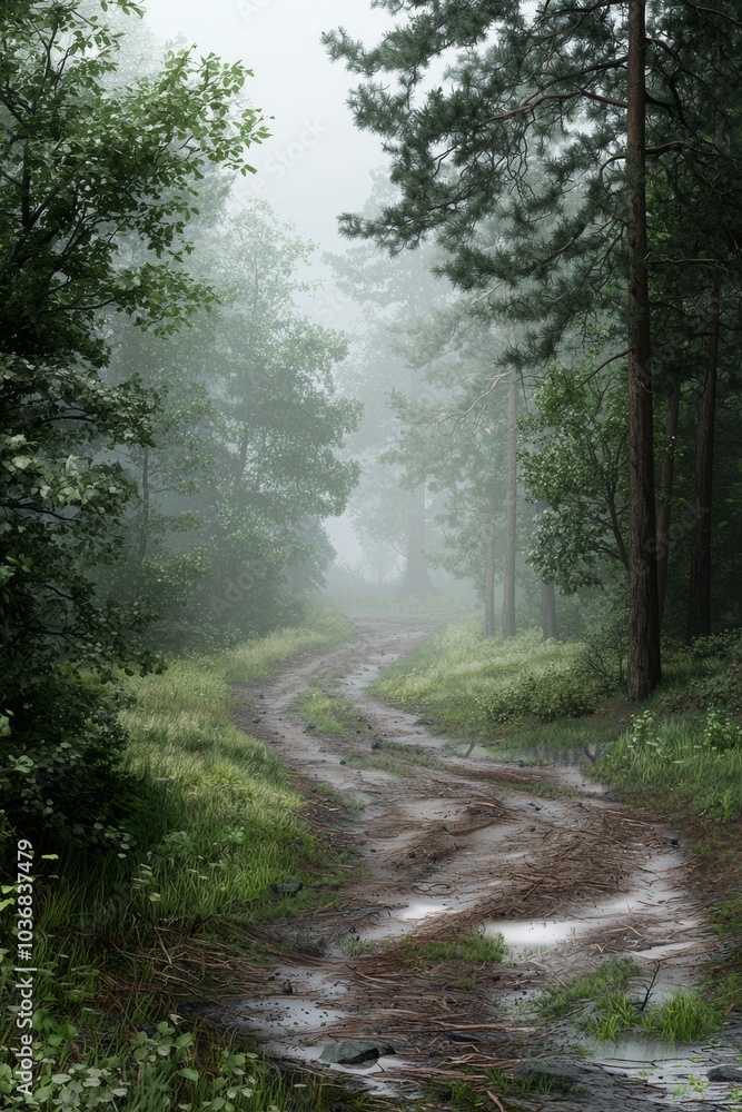 Fototapeta premium A serene forest path winding through lush greenery on a misty morning, evoking tranquility and exploration.